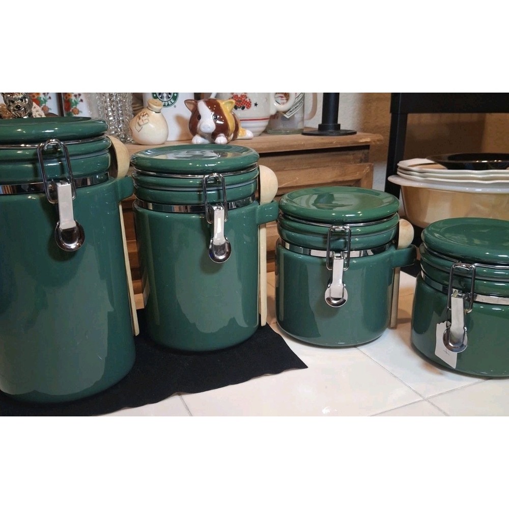 4pc Green Ceramic Vintage Canister Set, Airtight Lid-Lock, Beech Scoop Winsome